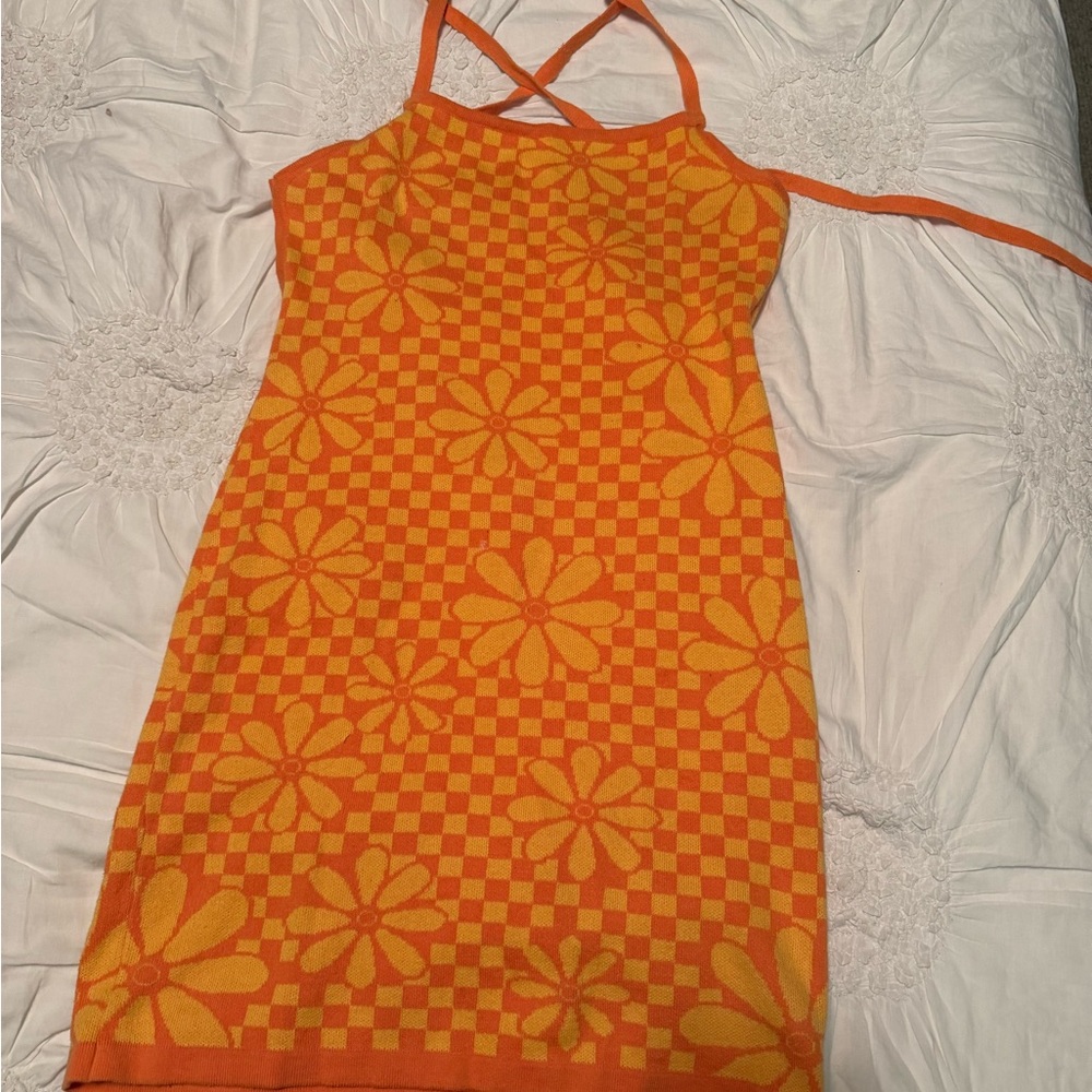 Orange and Yellow Floral Checkered Dress